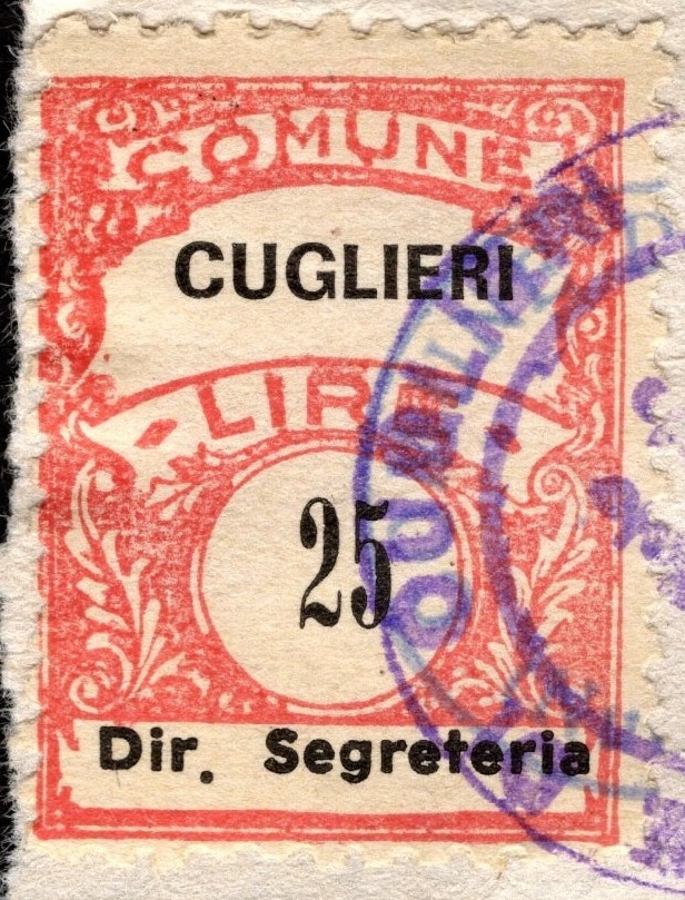 Marca da Bollo del Comune di CUGLIERI su Carta Colorata di dimensioni 22 x 29 mm