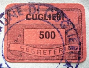 Marca da Bollo del Comune di CUGLIERI su Carta Colorata di dimensioni 20 x 15,5 mm