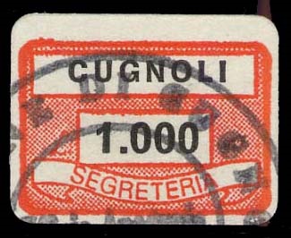 Marca da Bollo del Comune di CUGNOLI su Carta Bianca di dimensioni 19 x 13 mm