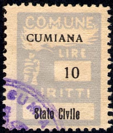 Marca da Bollo del Comune di CUMIANA su Carta Bianca di dimensioni 18,5 x 26 mm