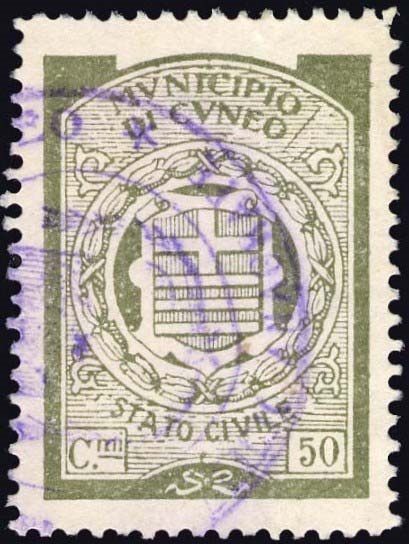 Marca da Bollo del Comune di CUNEO su Carta Bianca di dimensioni 22,5 x 31 mm