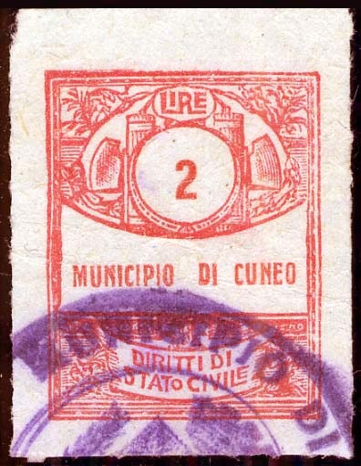 Marca da Bollo del Comune di CUNEO su Carta Bianca di dimensioni 21 X 27 mm
