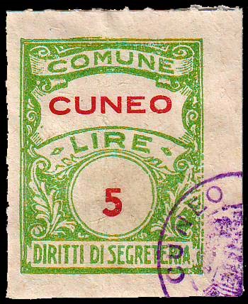 Marca da Bollo del Comune di CUNEO su Carta Bianca Sottile di dimensioni 22 x 28 mm