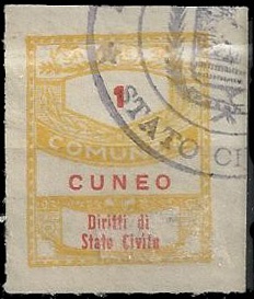 Marca da Bollo del Comune di CUNEO su Carta Bianca Sottile di dimensioni 22,5 x 28 mm