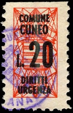 Marca da Bollo del Comune di CUNEO su Carta Bianca di dimensioni 23 x 36 mm