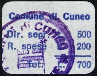 Marca da Bollo del Comune di CUNEO su Carta Bianca di dimensioni 20 x 14 mm