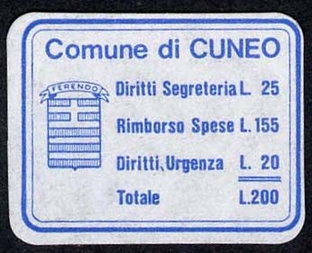 Marca da Bollo del Comune di CUNEO su Carta Bianca di dimensioni 21,5 x 16,5 mm
