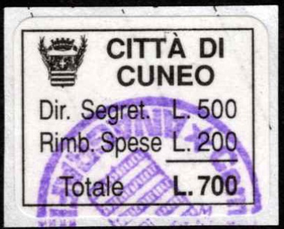 Marca da Bollo del Comune di CUNEO su Carta Bianca di dimensioni 21,5 x 16,5 mm