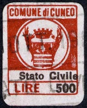 Marca da Bollo del Comune di CUNEO su Carta Bianca di dimensioni 15 x 20 mm