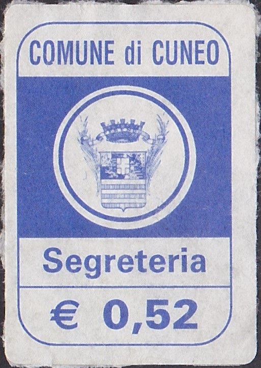 Marca da Bollo del Comune di CUNEO su Carta Bianca di dimensioni 15 x 26 mm
