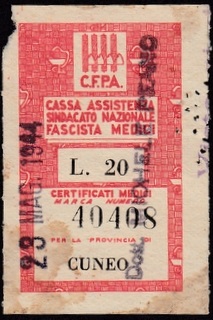 Marca da Bollo del Comune di CUNEO su Carta Bianca di dimensioni 28 x 45,5 mm