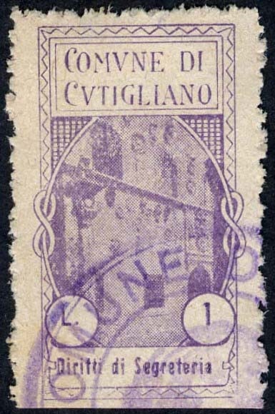 Marca da Bollo del Comune di CUTIGLIANO su Carta Bianca di dimensioni 21,5 x 40 mm