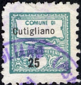 Marca da Bollo del Comune di CUTIGLIANO su Carta Bianca Sottile di dimensioni 15 x 17 mm