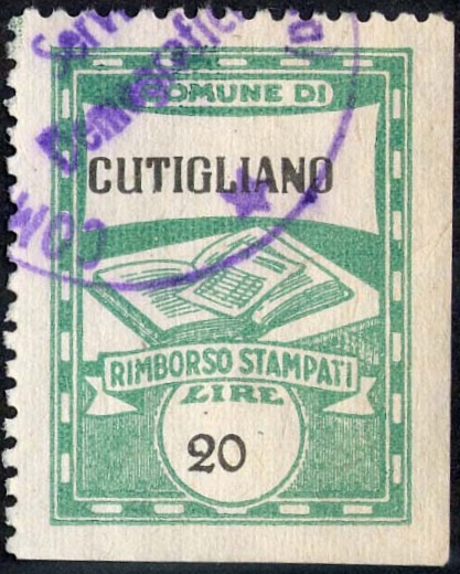 Marca da Bollo del Comune di CUTIGLIANO su Carta Bianca di dimensioni 22 x 28 mm