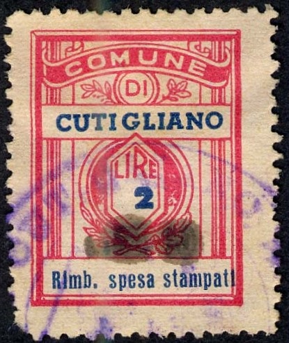 Marca da Bollo del Comune di CUTIGLIANO su Carta Bianca di dimensioni 21 x 28,5 mm