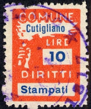 Marca da Bollo del Comune di CUTIGLIANO su Carta Bianca Sottile di dimensioni 18 x 26 mm