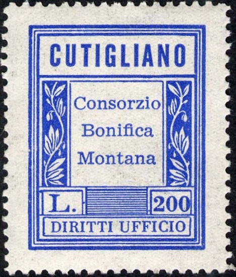 Marca da Bollo del Comune di CUTIGLIANO su Carta Bianca di dimensioni 23 X 30 mm