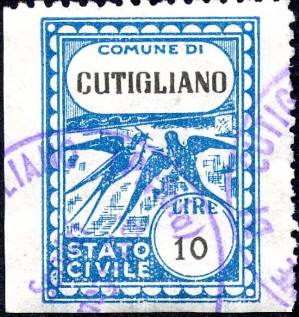 Marca da Bollo del Comune di CUTIGLIANO su Carta Bianca di dimensioni 22 x 29 mm