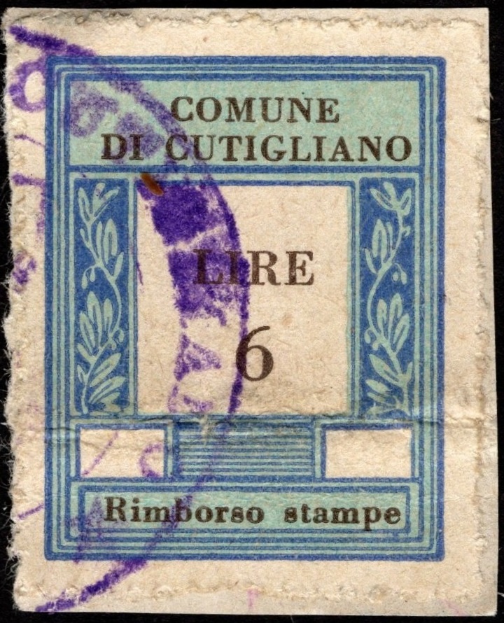 Marca da Bollo del Comune di CUTIGLIANO su Carta Bianca di dimensioni 22 x 29 mm