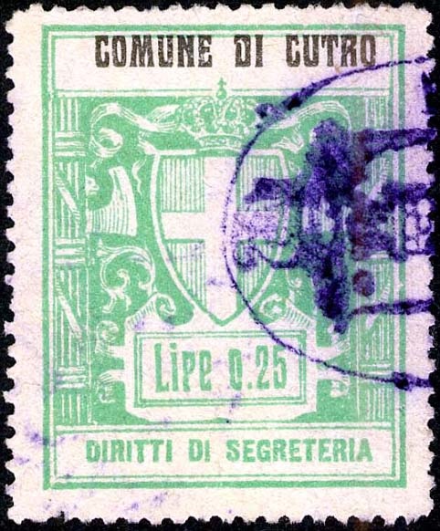 Marca da Bollo del Comune di CUTRO su Carta Bianca di dimensioni 27,5 x 36 mm