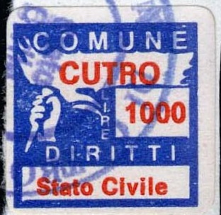 Marca da Bollo del Comune di CUTRO su Carta Bianca di dimensioni 17,5 x 17,5 mm