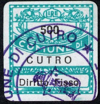 Marca da Bollo del Comune di CUTRO su Carta Bianca di dimensioni 20 x 20 mm