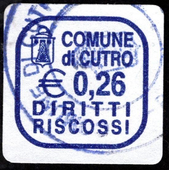 Marca da Bollo del Comune di CUTRO su Carta Bianca di dimensioni 20 x 20 mm