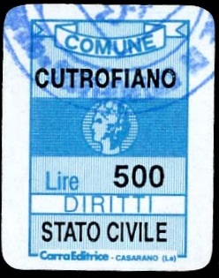 Marca da Bollo del Comune di CUTROFIANO su Carta Bianca di dimensioni 12 x 18,5 mm