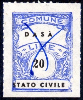 Marca da Bollo del Comune di DASA´ su Carta Bianca Sottile di dimensioni 22,5 x 29 mm