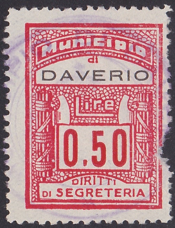 Marca da Bollo del Comune di DAVERIO su Carta Bianca di dimensioni 22 x 29,5 mm