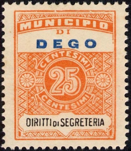 Marca da Bollo del Comune di DEGO su Carta Bianca di dimensioni 22,5 x 29 mm