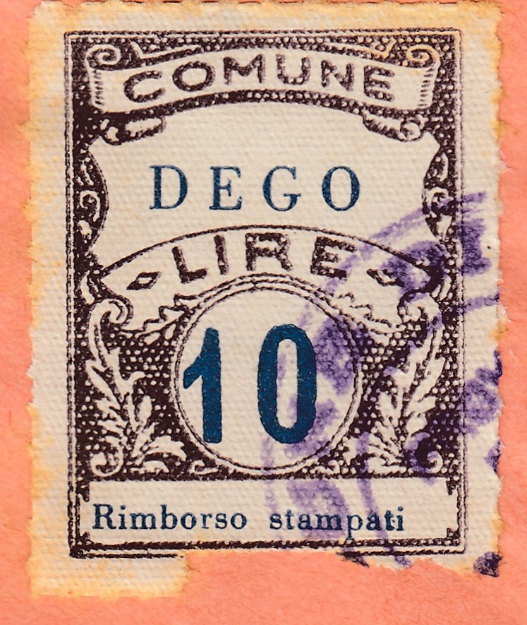 Marca da Bollo del Comune di DEGO su Carta Bianca Sottile di dimensioni 22 x 29 mm