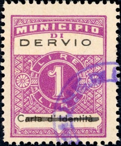 Marca da Bollo del Comune di DERVIO su Carta Bianca Sottile di dimensioni 23,5 x 30 mm