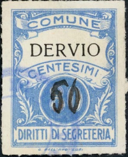 Marca da Bollo del Comune di DERVIO su Carta Bianca di dimensioni 22,5 x 29 mm