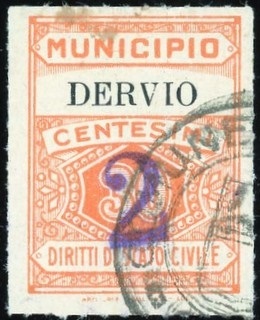 Marca da Bollo del Comune di DERVIO su Carta Bianca di dimensioni 22 x 29 mm