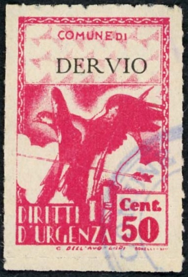Marca da Bollo del Comune di DERVIO su Carta Bianca Sottile di dimensioni 21 x 32,5 mm