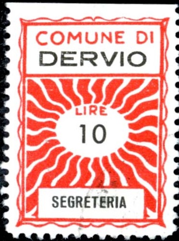 Marca da Bollo del Comune di DERVIO su Carta Bianca Sottile di dimensioni 21,5 x 30 mm