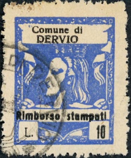Marca da Bollo del Comune di DERVIO su Carta Bianca di dimensioni 23 x 29 mm