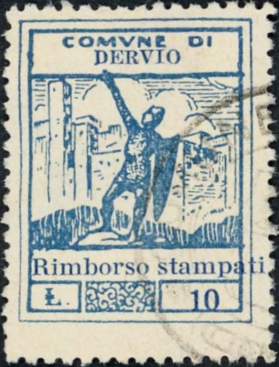 Marca da Bollo del Comune di DERVIO su Carta Bianca di dimensioni 22,5 x 29,5 mm