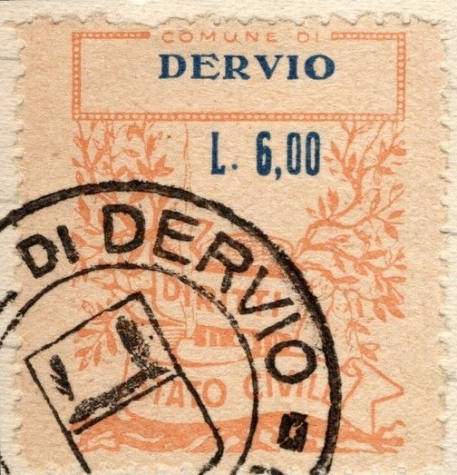 Marca da Bollo del Comune di DERVIO su Carta Bianca di dimensioni 23 X 27 mm