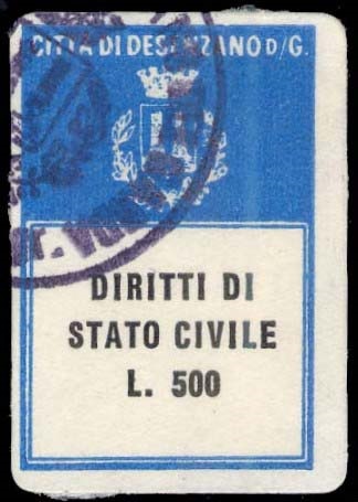 Marca da Bollo del Comune di DESENZANO DEL GARDA su Carta Bianca Sottile di dimensioni 18 x 28 mm