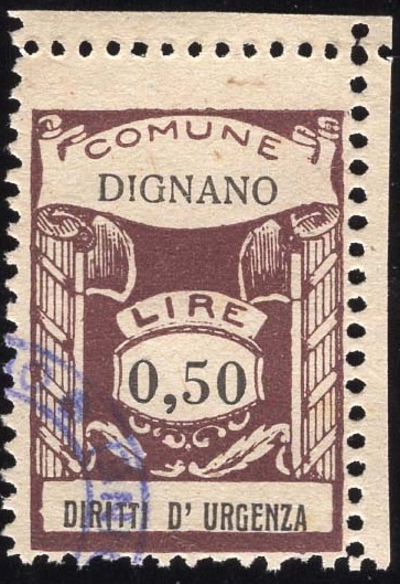 Marca da Bollo del Comune di DIGNANO su Carta Bianca di dimensioni 22 X 33 mm