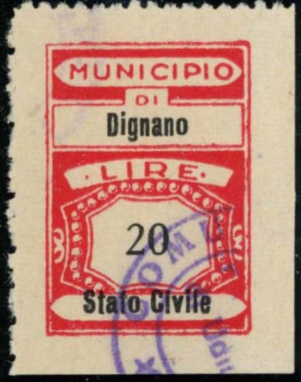 Marca da Bollo del Comune di DIGNANO su Carta Bianca di dimensioni 21 x 31 mm