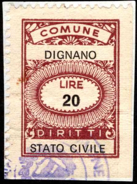 Marca da Bollo del Comune di DIGNANO su Carta Bianca di dimensioni 21 x 30 mm