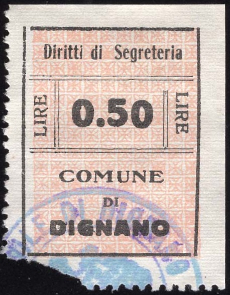 Marca da Bollo del Comune di DIGNANO su Carta Bianca di dimensioni 21 X 27 mm