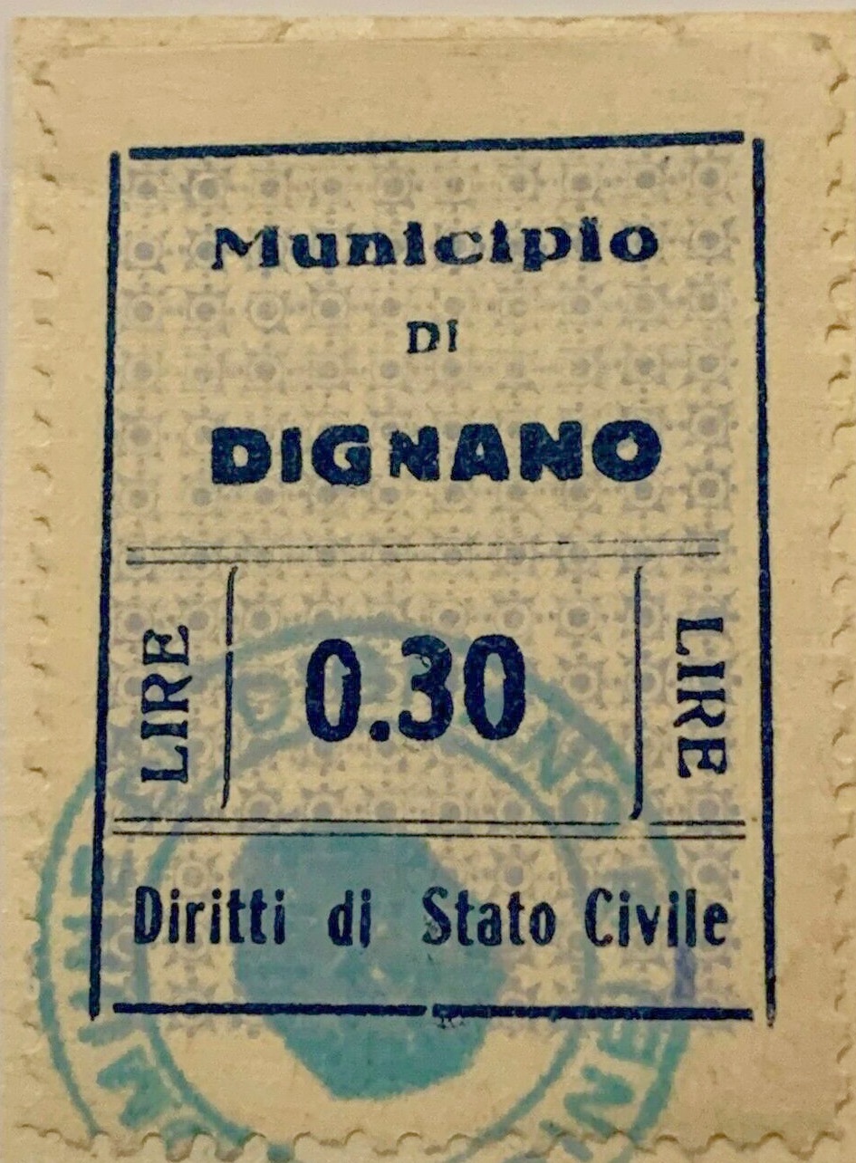 Marca da Bollo del Comune di DIGNANO su Carta Bianca di dimensioni 21 X 32 mm