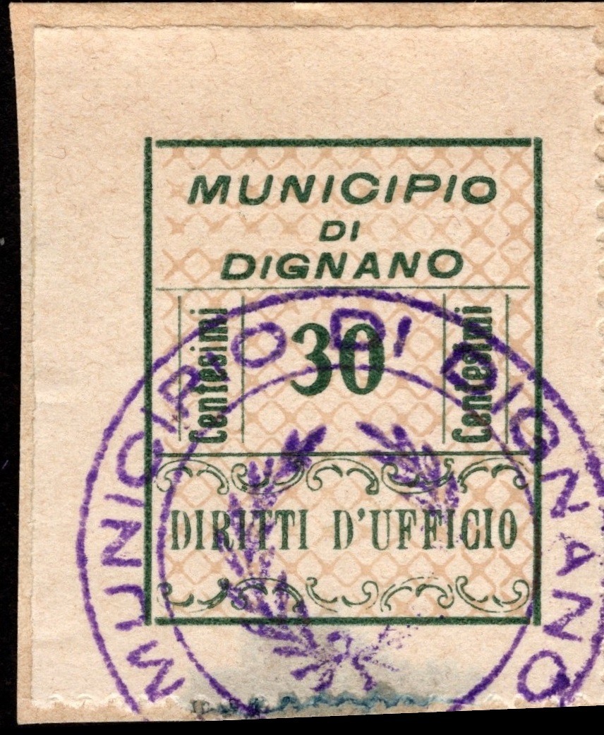 Marca da Bollo del Comune di DIGNANO su Carta Bianca di dimensioni 21 X 26 mm