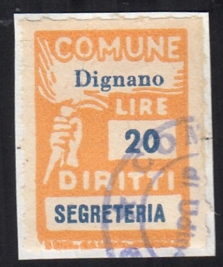 Marca da Bollo del Comune di DIGNANO su Carta Bianca di dimensioni 18 x 26 mm