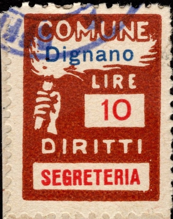 Marca da Bollo del Comune di DIGNANO su Carta Bianca di dimensioni 18 x 26 mm