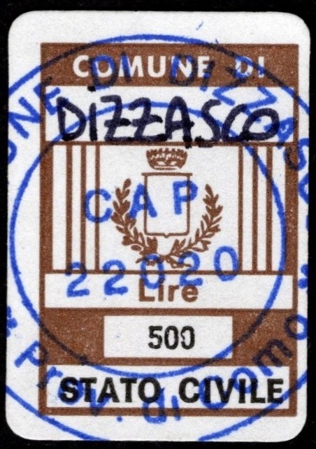 Marca da Bollo del Comune di DIZZASCO su Carta Bianca di dimensioni 16 x 22 mm